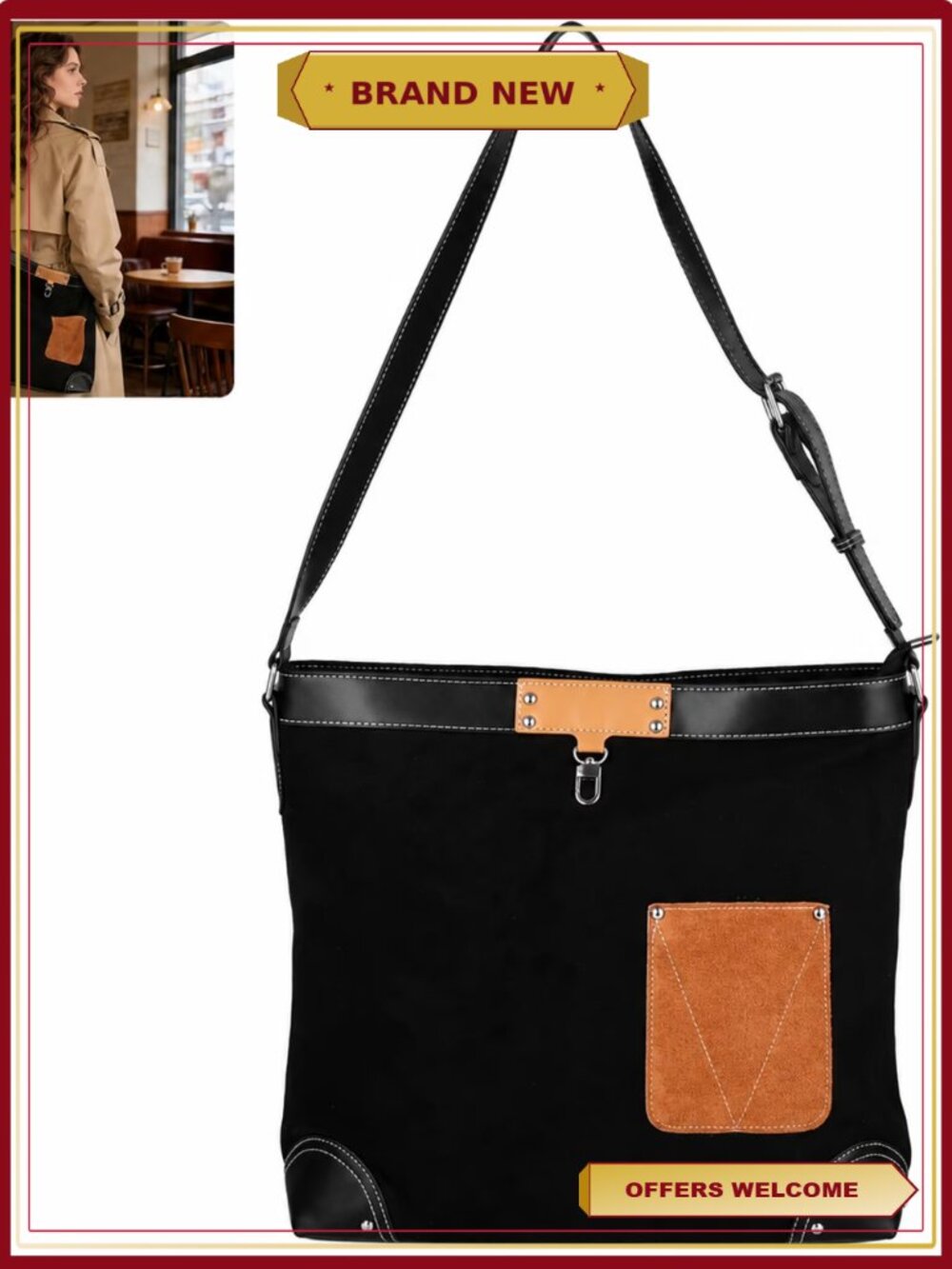 Suede Leather Hobo Bag Slouchy Tote Bucket Handbag Adjustable Strap
